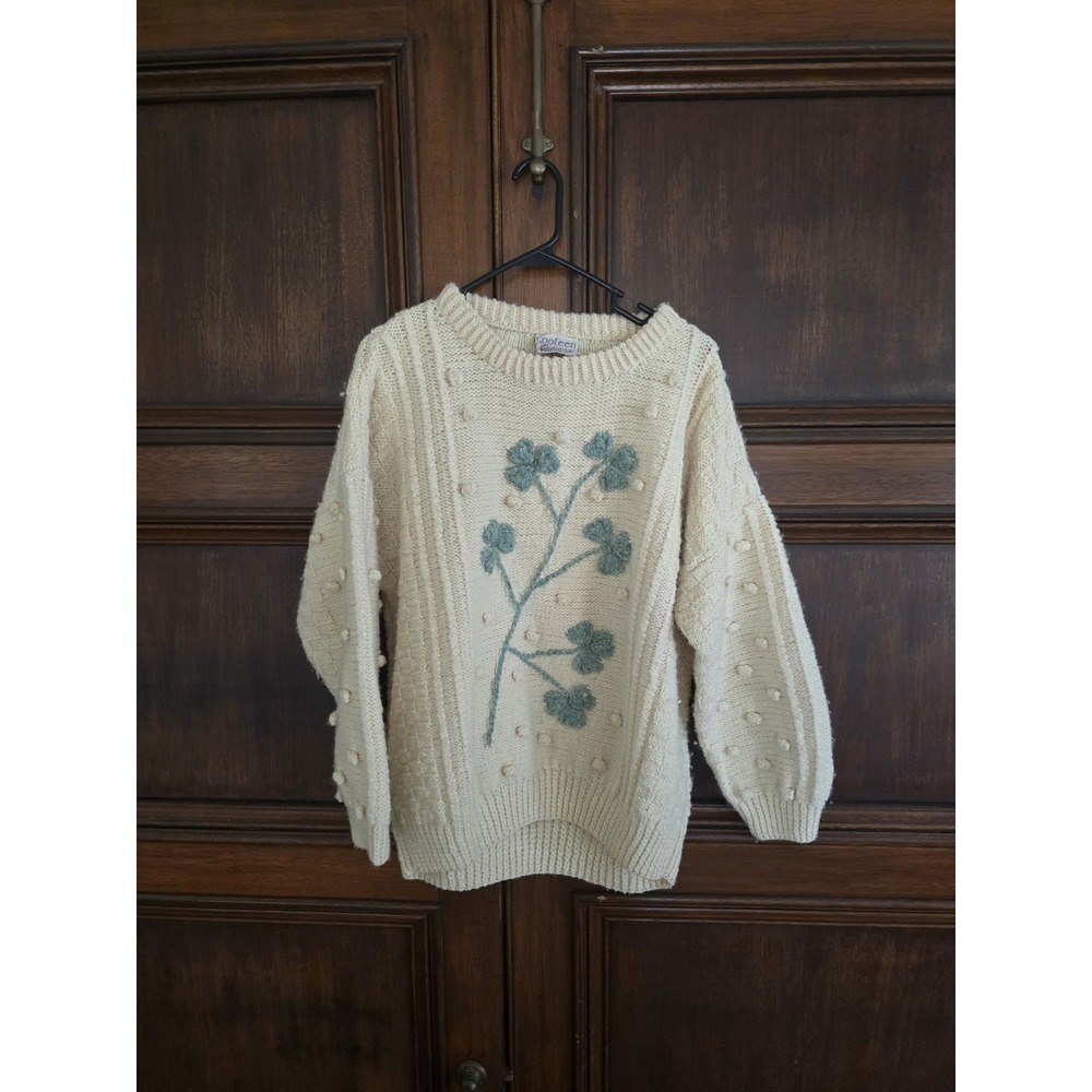 Cooleen Knitwear Pure‎ New Wool Irish Fisherman Sweater Shamrocks Size L